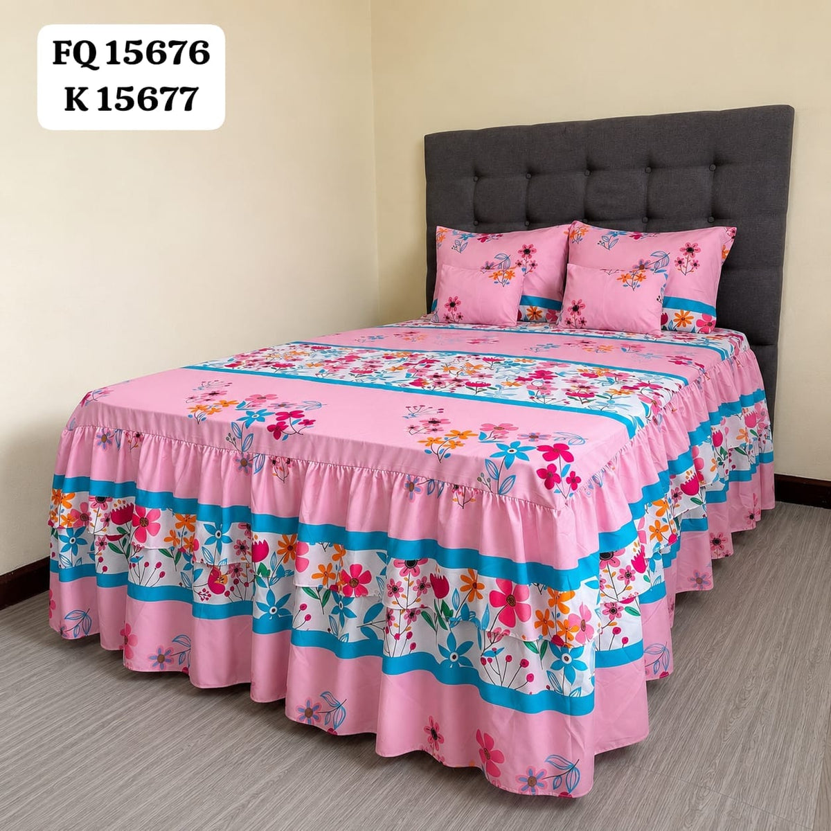 Set Cubrecama Twill Doble Vuelo Rosa con Franja Turquesa + 1 Cojín