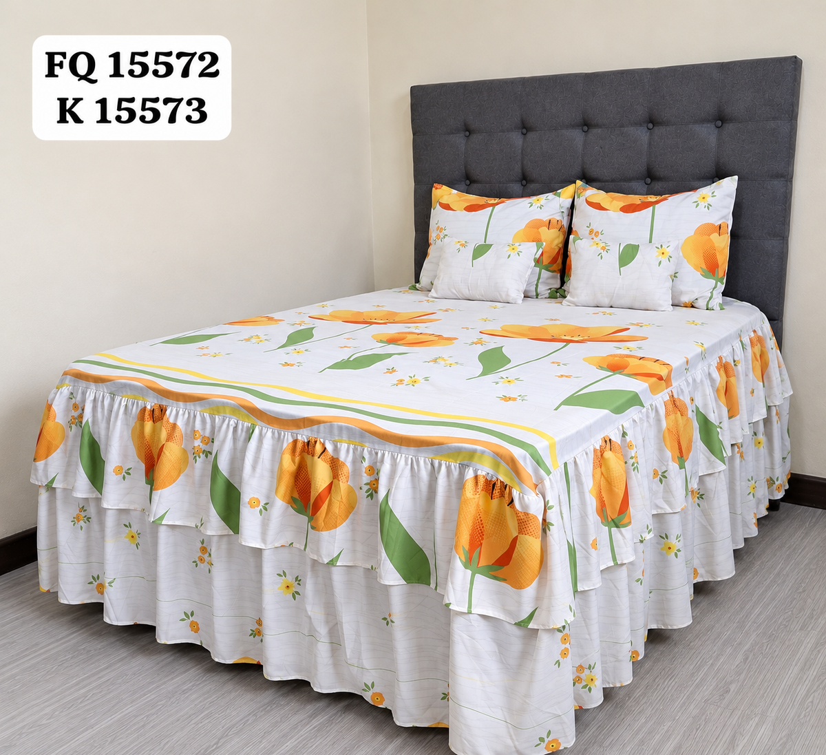Set Cubrecama Twill Doble Vuelo Flores Naranja Fondo Blanco + 1 Cojín